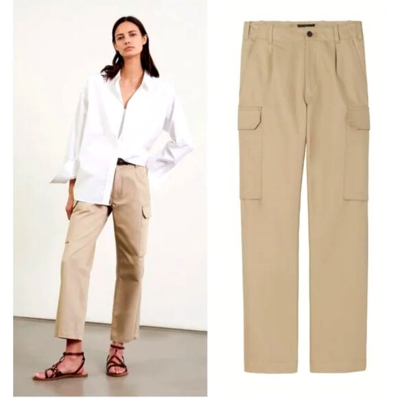 Nilli Lotan 4 Yannic Cargo Pant $450 High Rise Wide Leg Cropped Tan Desert Sand - Picture 1 of 11